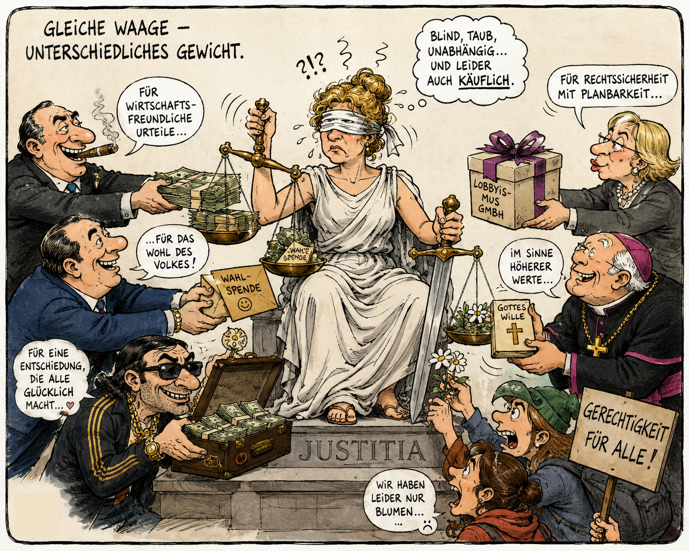 Comiczeichnung Justitia ist blind und wird von allen möglichen Gruppen bestochen