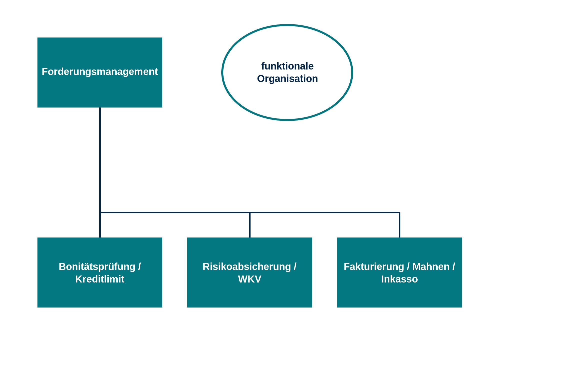 Organigramm zur funktionalen Organisation im Forderungsmanagement mit den Bereichen Bonitätsprüfung und Kreditlimit, Risikoabsicherung und Warenkreditversicherung (WKV) sowie Fakturierung, Mahnwesen und Inkasso.
